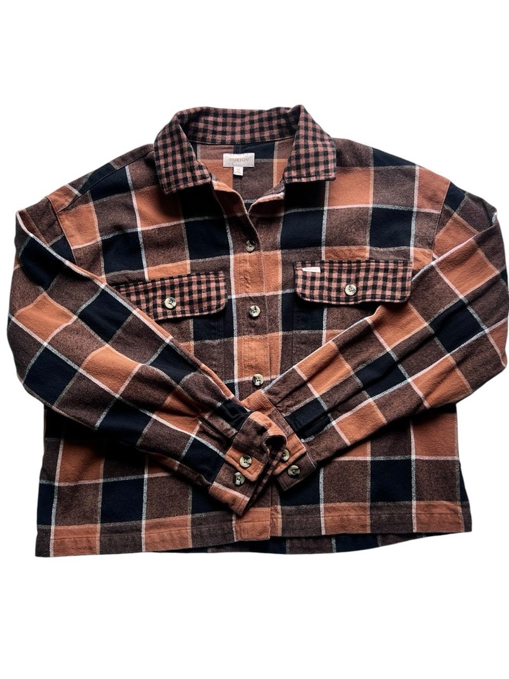 Brixton Plaid Flannel Brown Black 100% Organic Cotton Button Front Boxy Shirt  M